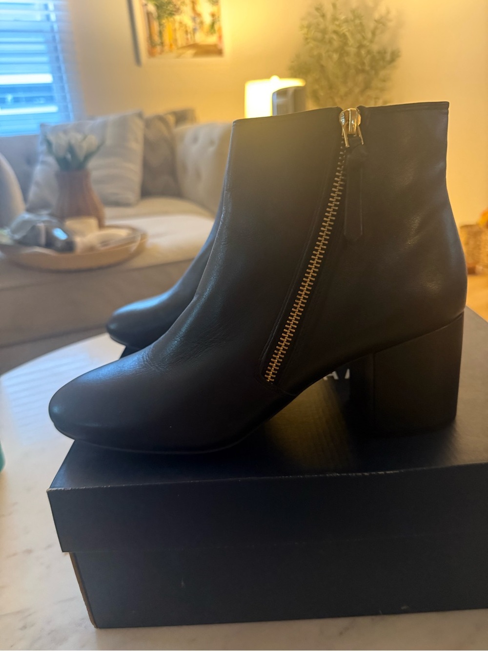 Cole Haan Black Leather Ankle Booties with Gold Zip